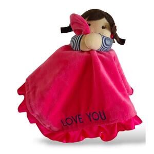 Carters Lovey Love You Pink Ruffle Satin Security Blanket Rattle Plush Brunette